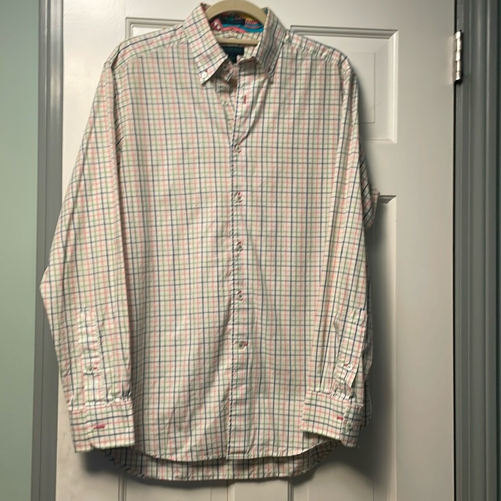 Lilly Pulitzer via Palm Beach, S white shirt w/blue, pink , Kelly green strips